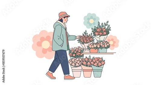 Woman shopping for colorful flowers and potted plants at a garden stand