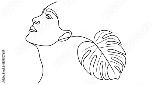 Minimal continuous one line woman face illustration with monstera leaf symbolizing beauty femininity nature harmony and modern abstract portrait concept
