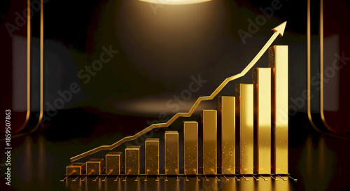 Golden Bar Graph Showing Financial Growth and Success with Upward Arrow.