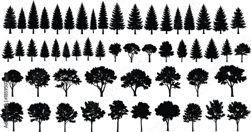 Tree silhouette illustration set, coniferous and deciduous shapes, black vector forest icons, botanical diversity, nature design reference