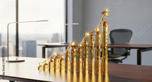 Golden Business Growth Chart on Office Desk Representing Financial Success and Progress.