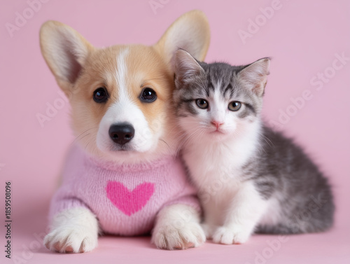 Adorable corgi puppy and kitten wearing matching pink sweater on pink background
