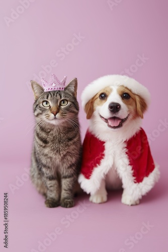Expressive animal companions posing together in playful holiday attire, capturing a whimsical, bright, and cheerful celebratory moment.