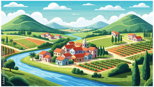 Tableau sur toile country landscape with ricefield and houses in the hill vector illustration