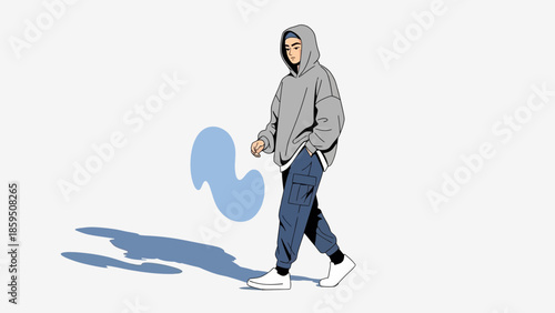 Young male artist in stylish streetwear hoodie and cargo pants walking with confidence on a plain