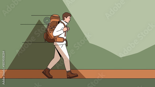 Young male backpacker hiking on mountain trail with a large backpack under a shaded sky