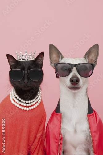 A chic feline royalty poses next to a cool canine wearing a stylish jacket and sunglasses, representing unexpected animal friendship and high fashion.