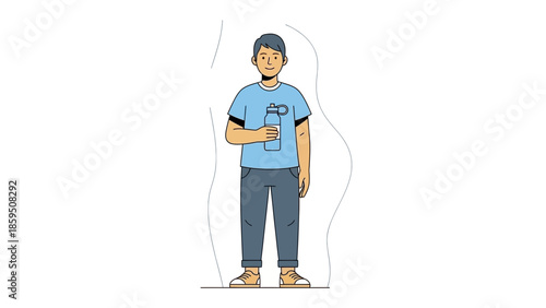 Young Male in Casual Outfit Holding a Water Bottle with a Friendly Expression Standing Easily