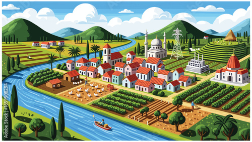 Fotografie country landscape with ricefield and houses in the hill vector illustration