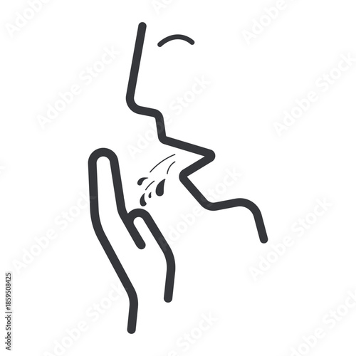 Isolated outline pictogram of person coughing with saliva spray and hand covering mouth, symbol for public health and cough etiquette.