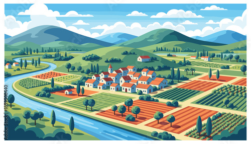 Photos country landscape with ricefield and houses in the hill vector illustration