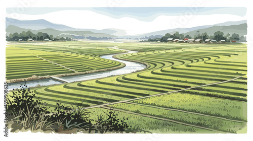 Obraz na plátně country landscape with ricefield and houses in the hill vector Watercolor illust