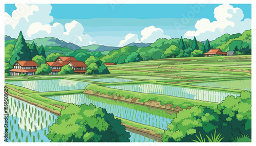 country landscape illustration with ricefield and houses on the hill. used for posters, landing pages and other which is very beautiful