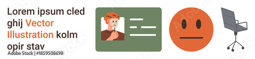 Identity verification, workplace organization, user profiles, communication, emotions, office tools. A profile card, neutral emotion and office chair. Identity verification and workplace