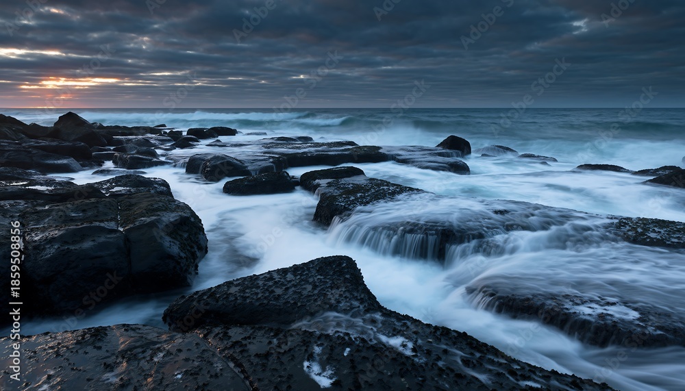Obraz premium Serene ocean waves crashing against dark rocks at dusk.