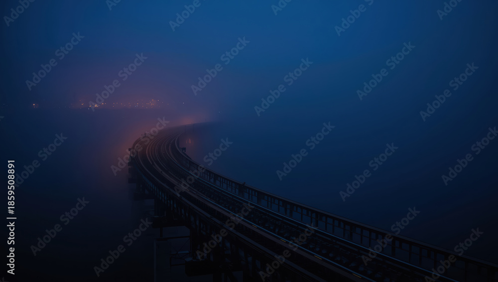Obraz premium Foggy rail bridge curving into distant lights at twilight with moody blue atmosphere