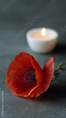 Red poppy flower with a lit candle on a gray background
