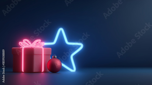 Christmas gift box with neon star and ornament on a dark blue background