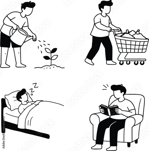 Person Performing Daily Routine Activities in Simple Black and White Outline Vector Illustration for Lifestyle Content.