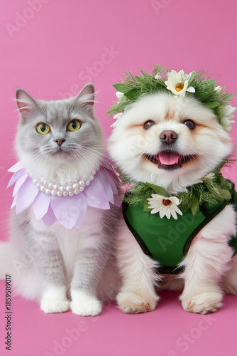 Adorable cat and dog dressed up with floral accessories on pink background