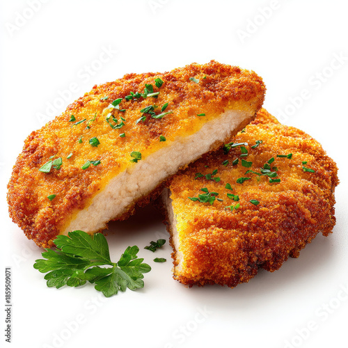 Crispy breaded chicken cutlet with parsley garnish