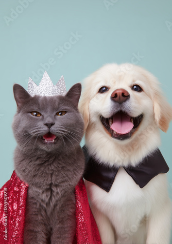 A regal cat and a happy dog dressed up in costume against a teal backdrop