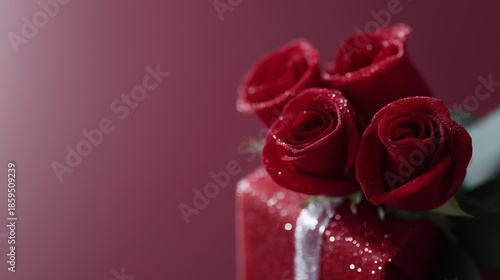 Elegant red roses on a gift box, perfect for a romantic occasion