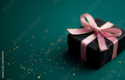 Elegant gift box with pink ribbon on a teal background with bokeh effect