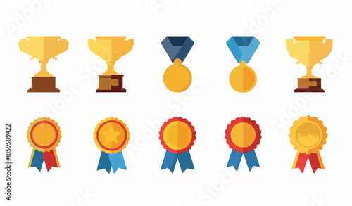 Award icons set trophy medal winner prize flat vector illustration