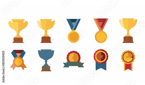 Cartoon award trophy medal winner prize flat vector icons