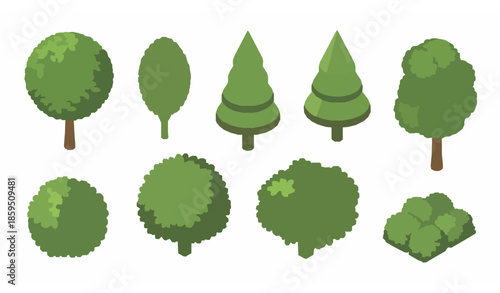 Isometric park plants green trees and bushes flat vector set
