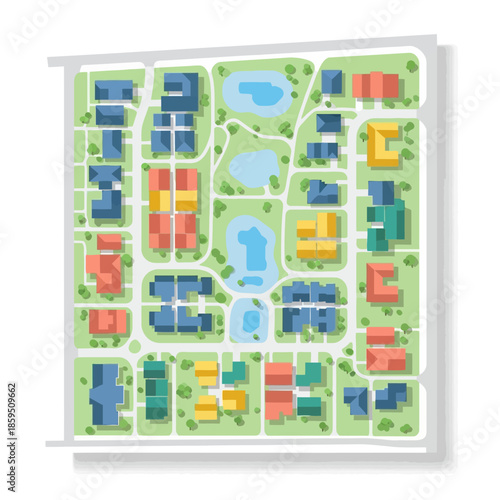 Aerial View of a Modern Suburban Neighborhood with Diverse Housing and Green Spaces.