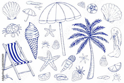 A collection of hand drawn summer themed items including shells and beach accessories