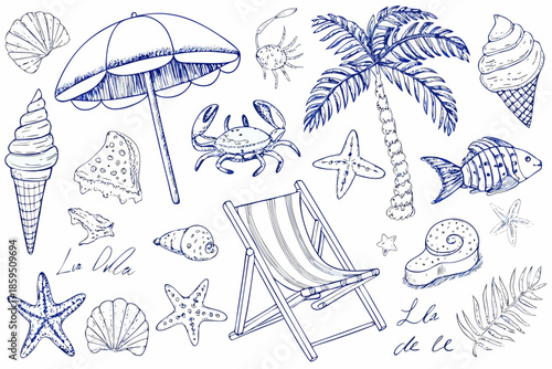 A collection of hand drawn beach elements shells umbrella and summer items