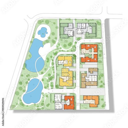 Aerial view of a modern housing development with green spaces and water features.