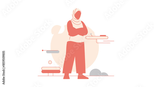 illustration of a woman serving food in a modern minimalistic style with warm color palette and