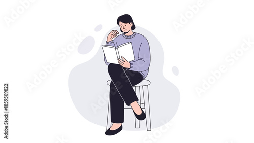 illustration of a woman sitting on a chair reading a book and contemplating in a minimalistic