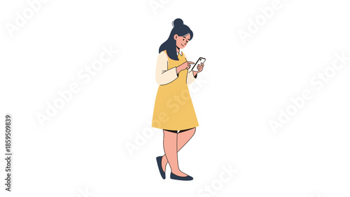 illustration of a woman standing and using her smartphone in a casual manner