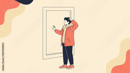 Illustration of a woman standing by a door looking outside in casual attire with a thoughtful pose