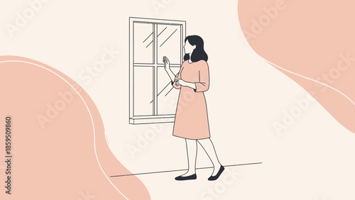 Illustration of a woman standing by a window looking outside with a contemplative mood