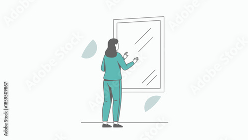 illustration of a woman standing in front of a mirror adjusting her hair in a minimalistic style