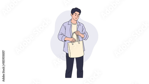 Illustration of a young man holding a beige tote bag while standing against a simple background