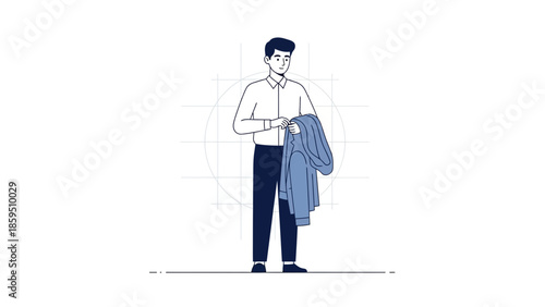 Illustration of a young man holding a blue jacket demonstrating casual fashion or clothing choices