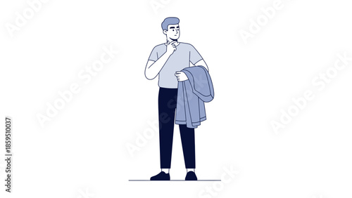 Illustration of a young man holding a jacket and contemplating in a minimalistic style