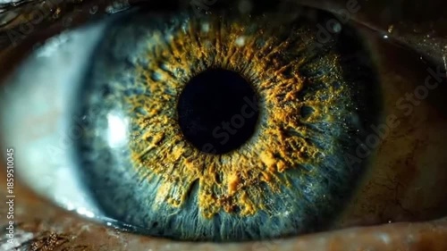 A mesmerizing macro close-up of a human eye, showing intricate blue and gold iris patterns around the dark pupil. Excellent for science, medical, biometrics, vision, and abstract perception projects. 