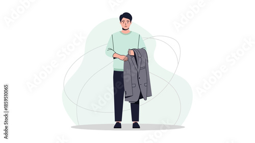 illustration of a young man holding a jacket and standing against a minimal abstract background