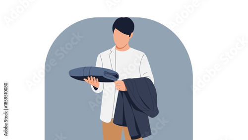 illustration of a young man holding a tablet with a jacket draped over his arm against a