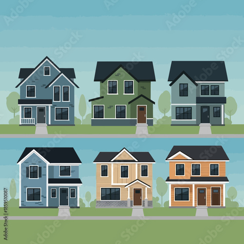 Collection of Six Diverse Residential Houses in a Row.
