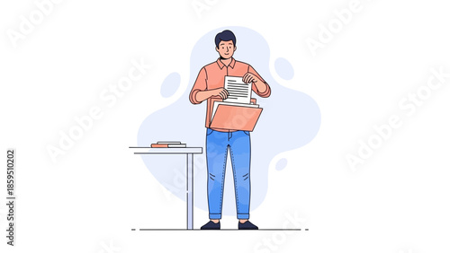 Illustration of a young man organizing documents and files at his workspace