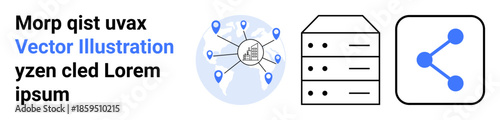 Technology, data networking, global communication, information storage, cloud services, digital sharing. Centralized server graphic connecting global nodes. Data networking and global communication